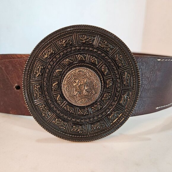 Chicos Small Genuine Leather Belt Aztec Medallion Buckle Brown Beaded - Picture 2 of 15